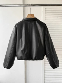 SHEIN 青少年女孩秋冬街頭風PU皮革機車夾克，翻領設計，附貼袋與拉鍊裝飾，適合秋冬日常穿著 - 黑色 - 查看 5