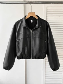 SHEIN 青少年女孩秋冬街頭風PU皮革機車夾克，翻領設計，附貼袋與拉鍊裝飾，適合秋冬日常穿著 - 黑色 - 查看 3