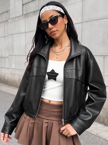 SHEIN 青少年女孩秋冬街頭風PU皮革機車夾克，翻領設計，附貼袋與拉鍊裝飾，適合秋冬日常穿著 - 黑色 - 查看 8