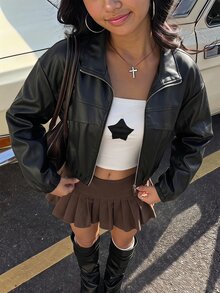 SHEIN 青少年女孩秋冬街頭風PU皮革機車夾克，翻領設計，附貼袋與拉鍊裝飾，適合秋冬日常穿著 - 黑色 - 查看 1