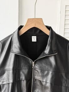 SHEIN 青少年女孩秋冬街頭風PU皮革機車夾克，翻領設計，附貼袋與拉鍊裝飾，適合秋冬日常穿著 - 黑色 - 查看 9