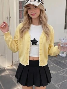 SHEIN 青少年女孩秋冬休閒優雅針織奶油色多巴胺淺黃色拼接波浪邊開襟衫，Y2K年輕時尚穿搭，適合返校與日常穿著 - 黃色 - 查看 3