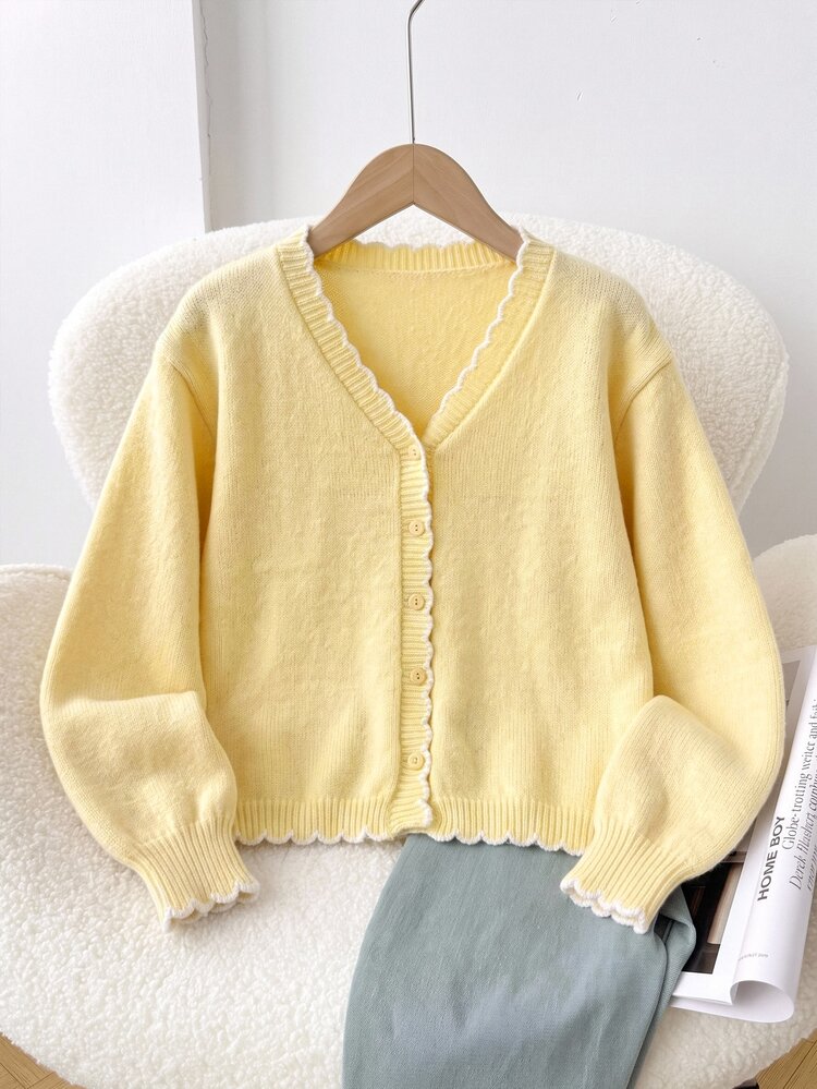SHEIN Cardigan Rajut Elegan Kasual Musim Gugur/Dingin untuk Remaja Perempuan, Warna Krem Dopamin, Blok Warna Kuning Muda dengan Tepi Bergelombang, Busana Fashion Remaja Y2K, Cocok untuk Kembali ke Sekolah dan Pemakaian Sehari-hari - Kuning - View 2