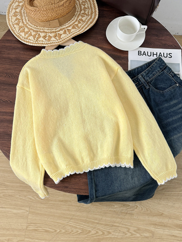 SHEIN Cardigan Rajut Elegan Kasual Musim Gugur/Dingin untuk Remaja Perempuan, Warna Krem Dopamin, Blok Warna Kuning Muda dengan Tepi Bergelombang, Busana Fashion Remaja Y2K, Cocok untuk Kembali ke Sekolah dan Pemakaian Sehari-hari - Kuning - View 8