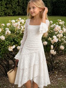 SHEIN Serisse Kids 兒童青少年女孩秋冬優雅米色蕾絲方領喇叭袖長袖多層荷葉邊不對稱下擺收腰長洋裝，適合派對、節日慶典、優雅場合、返校舞會、正式活動與婚禮賓客穿著，母女套裝 - 米色 - 查看 5