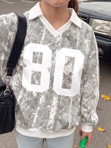 SHEIN Academy Style Digital 80 迷彩乾葉印花 美式校園風 Citywalk 街頭氛圍 休閒校園運動風 青少年女孩簡約寬鬆圓領舒適長袖衛衣 適合秋冬 - 彩色 - 查看 3