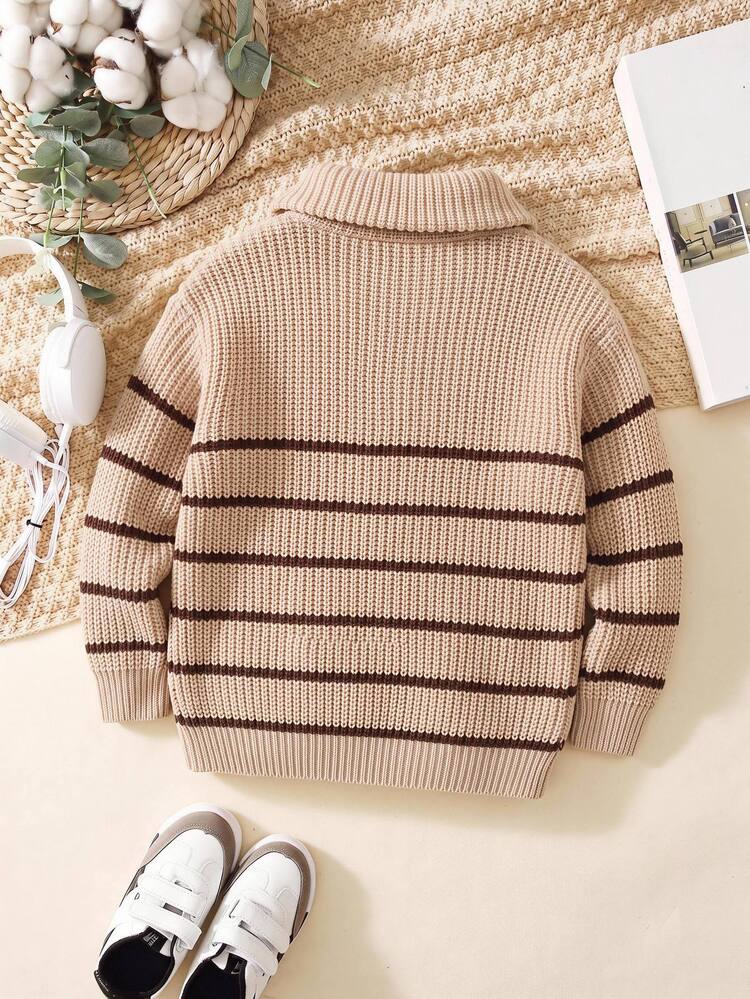 SHEIN Bubblio Young Boys Cable Knit Quarter Zip Autumn Sweater Kids Winter Sweater Boys Winter Sweater - Apricot - View 4