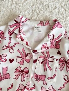 SHEIN Baby Girl Cute Pink Sweet Bow Pattern Cardigan & Long Pants 2pcs Home Wear Set,Autumn And Winter - Multicolor - View 3