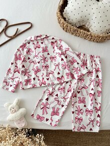 SHEIN Baby Girl Cute Pink Sweet Bow Pattern Cardigan & Long Pants 2pcs Home Wear Set,Autumn And Winter - Multicolor - View 2