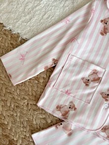 LMoss Kids Piyama Rajut Nyaman 2 Potong Motif Beruang Kartun Minimalis Manis dengan Pita dan Kerah, Kancing, Lengan Panjang, dan Celana - MultiWarna - View 5
