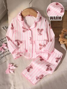 LMoss Kids Piyama Rajut Nyaman 2 Potong Motif Beruang Kartun Minimalis Manis dengan Pita dan Kerah, Kancing, Lengan Panjang, dan Celana - MultiWarna - View 1