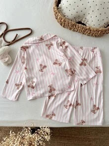 LMoss Kids Piyama Rajut Nyaman 2 Potong Motif Beruang Kartun Minimalis Manis dengan Pita dan Kerah, Kancing, Lengan Panjang, dan Celana - MultiWarna - View 4