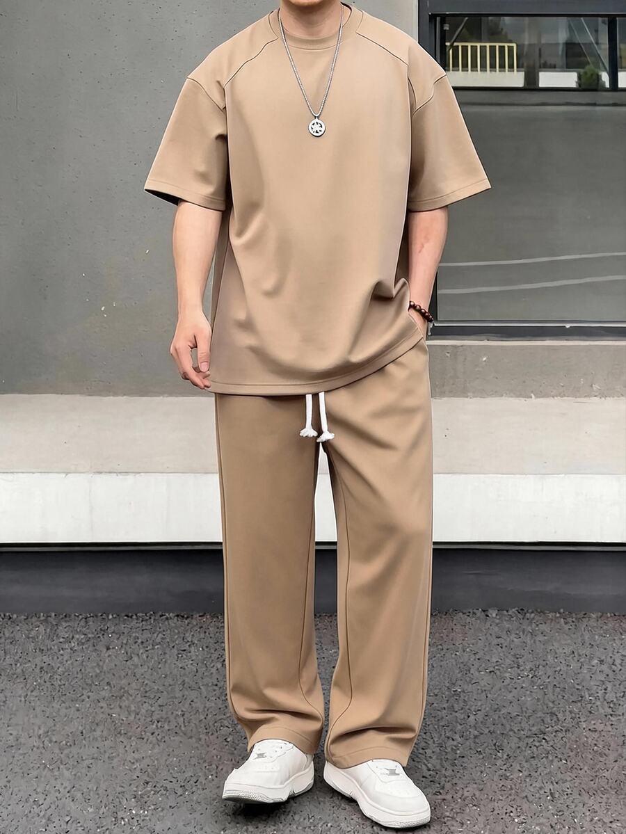 SHEIN 青少年男孩純色短袖T恤與寬腿褲休閒套裝 - 彩色 - 查看 1