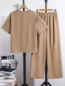 SHEIN 青少年男孩純色短袖T恤與寬腿褲休閒套裝 - 彩色 - 查看 2