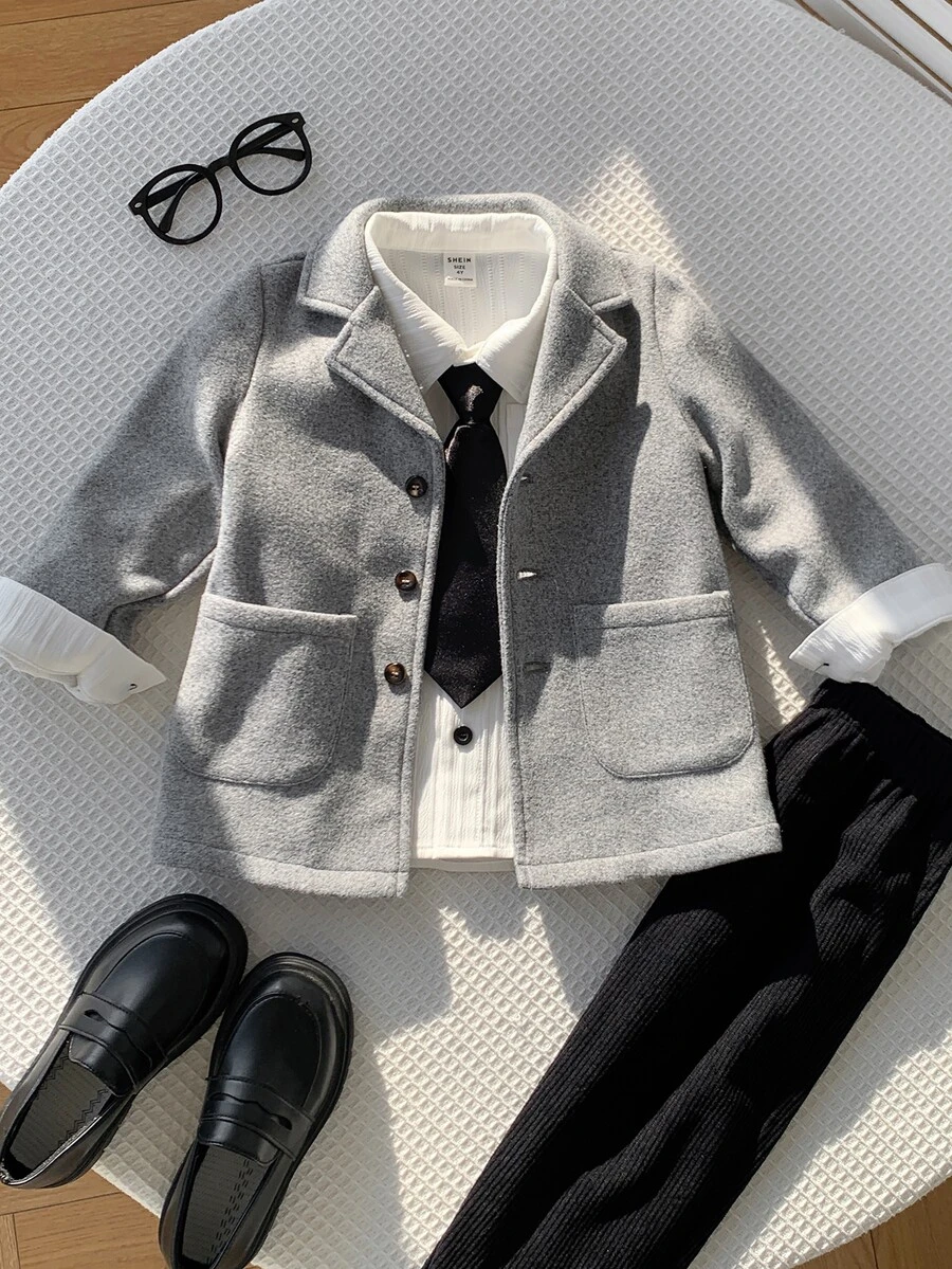 SHEIN Baby Boy Solid Color Casual Versatile Long Sleeve Cardigan Jacket Fall/Winter Clothes Back To School Clothes - Grey - View 1
