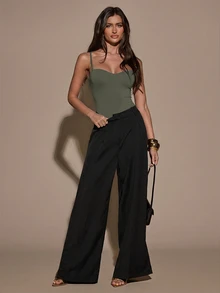 SHEIN BAE 女士休闲纯色无袖连体衣，夏季 - 軍綠色 - 查看 8