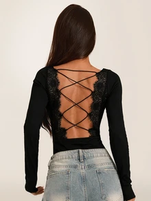 SHEIN BAE Black Lace Long Sleeve Open Back Bodysuit, Date Night Outfit, Night Out, Halloween, Fall - Black - View 1