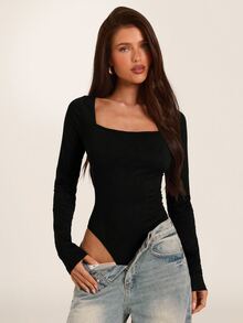 SHEIN BAE Black Lace Long Sleeve Open Back Bodysuit, Date Night Outfit, Night Out, Halloween, Fall - Black - View 2