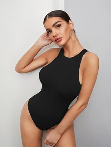 SHEIN BAE Solid Tank Bodysuit Halloween - Black - View 6