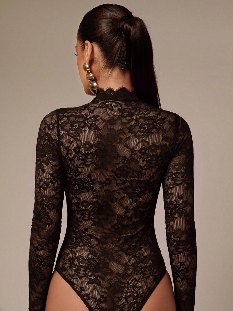 Silquee Black Lace Turtleneck Jumpsuit, Long-Sleeved Work Top For Autumn And Winter. Autumn Outfit For Women   Office Wear For Women Teacher Work Tops - Black - View 3