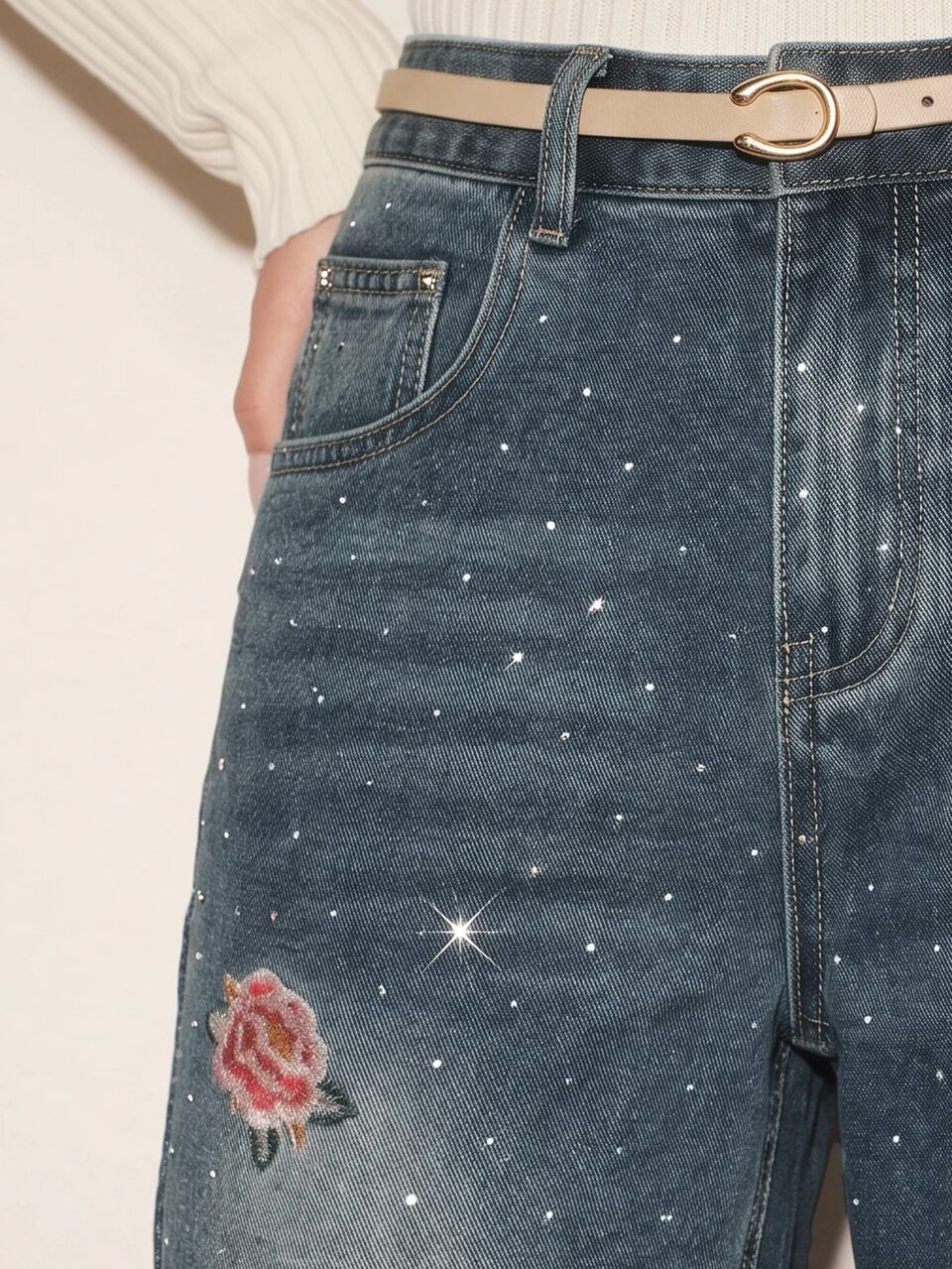 Anewsta Women's Floral Embroidered Pocket Wide Leg Loose Fit Denim Jeans Everyday Going Out Blue Floral Summer Cute