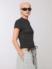 COUREZ Side Lattice Short Sleeve Top Y2K Black Tee Fall Casual Going Out Top Going Out Autumn Y2K Top Summer - Black - View 7