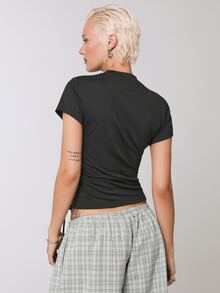 COUREZ Side Lattice Short Sleeve Top Y2K Black Tee Fall Casual Going Out Top Going Out Autumn Y2K Top Summer - Black - View 3
