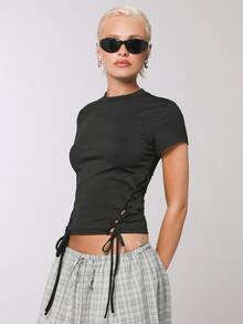 COUREZ Side Lattice Short Sleeve Top Y2K Black Tee Fall Casual Going Out Top Going Out Autumn Y2K Top Summer - Black - View 8
