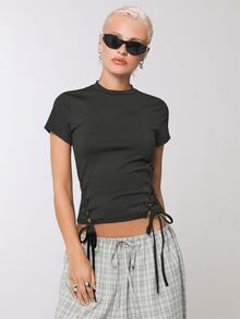COUREZ Side Lattice Short Sleeve Top Y2K Black Tee Fall Casual Going Out Top Going Out Autumn Y2K Top Summer - Black - View 5