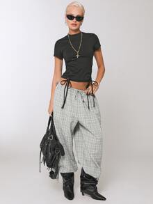COUREZ Side Lattice Short Sleeve Top Y2K Black Tee Fall Casual Going Out Top Going Out Autumn Y2K Top Summer - Black - View 2