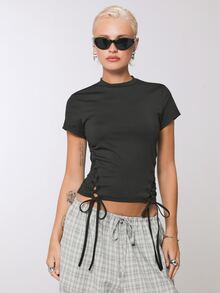 COUREZ Side Lattice Short Sleeve Top Y2K Black Tee Fall Casual Going Out Top Going Out Autumn Y2K Top Summer - Black - View 1