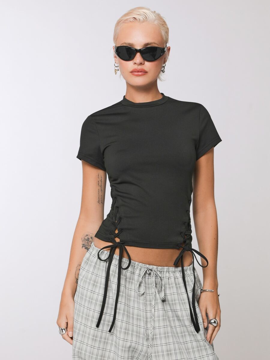 COUREZ Side Lattice Short Sleeve Top Y2K Black Tee Fall Casual Going Out Top Going Out Autumn Y2K Top Summer - Black - View 1
