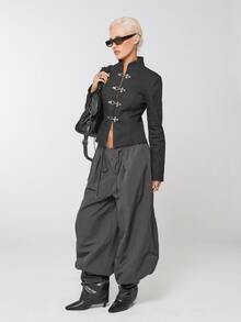 COUREZ Calça Plissada Baggy Balão com Toggles / Calça Y2K Feminina Cinza Parte Inferior Calça Feminina Casual Looks de Outono Roupas de Outono - Chumbo - Visão 1