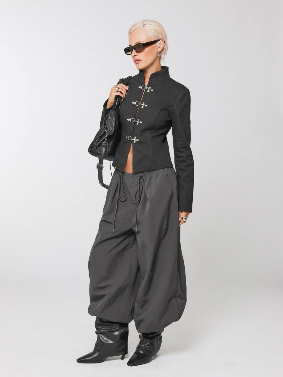COUREZ Calça Plissada Baggy Balão com Toggles / Calça Y2K Feminina Cinza Parte Inferior Calça Feminina Casual Looks de Outono Roupas de Outono - Chumbo - Visão 1