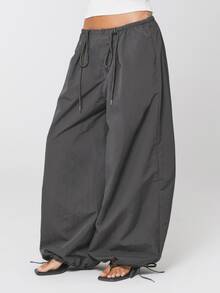 COUREZ Calça Plissada Baggy Balão com Toggles / Calça Y2K Feminina Cinza Parte Inferior Calça Feminina Casual Looks de Outono Roupas de Outono - Chumbo - Visão 2