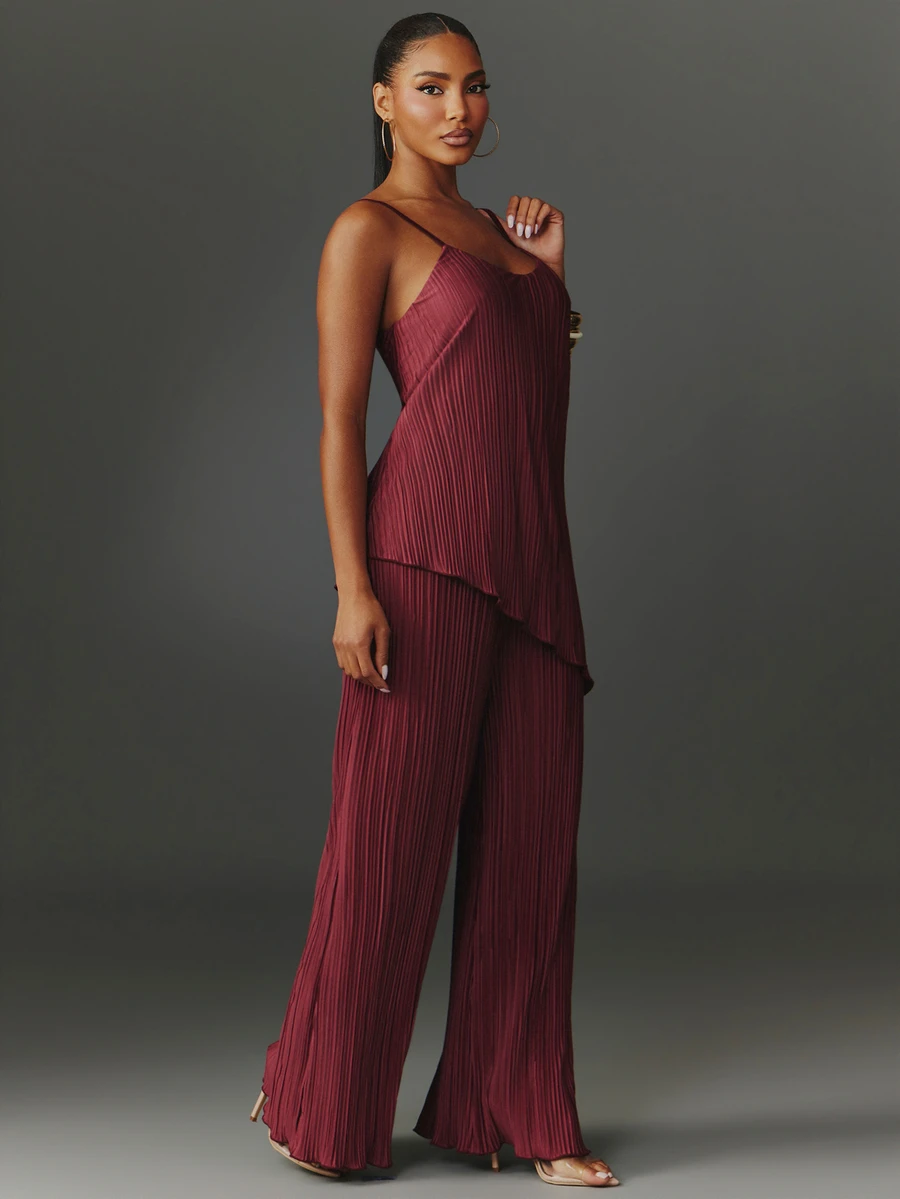 NYA SZN Jumpsuit High Low Hem Wide Leg Pleated Satin Dark Red Summer ...