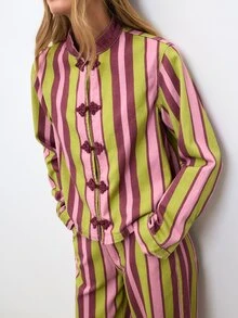 Nöista Parte de um Conjunto. Jaqueta Denim Multicolorida, Tons de Oliva/Borgonha, Gola, Botões Frontais. Camadas de Outono, Casual Chique, Streetwear. Roupas de Inverno.. - Verde - Visão 4
