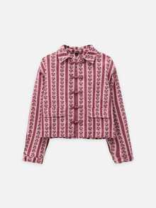 Nöista Part Of A Set. Pink Floral Stripe Denim Jacket With Buttons And Collar. Casual, Office, Weekend, Travel. Autumn Outfits, Fall Winter Women's Jacket.. - Pink - View 2