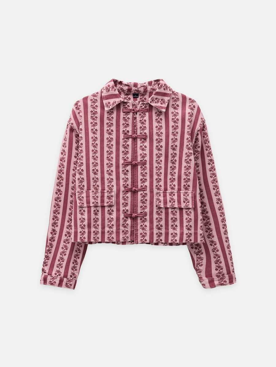 Nöista Part Of A Set. Pink Floral Stripe Denim Jacket With Buttons And Collar. Casual, Office, Weekend, Travel. Autumn Outfits, Fall Winter Women's Jacket..