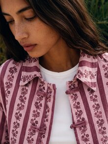 Nöista Part Of A Set. Pink Floral Stripe Denim Jacket With Buttons And Collar. Casual, Office, Weekend, Travel. Autumn Outfits, Fall Winter Women's Jacket.. - Pink - View 5