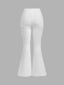 SHEIN MOD 女款純色紋理喇叭腿休閒褲，白色夏季居家度假休閒款，萬聖節、開學季適用 - 白色 - 查看 5