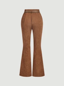 SHEIN MOD 女款純色休閒 70 年代風格 西部 1960 年代復古 百搭日常喇叭褲 工作 度假 海灘 辦公室 深棕色 秋季 萬聖節 - 摩卡棕 - 查看 3