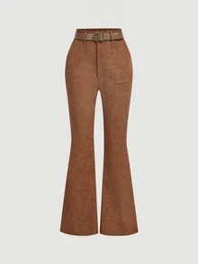 SHEIN MOD 女款純色休閒 70 年代風格 西部 1960 年代復古 百搭日常喇叭褲 工作 度假 海灘 辦公室 深棕色 秋季 萬聖節 - 摩卡棕 - 查看 4