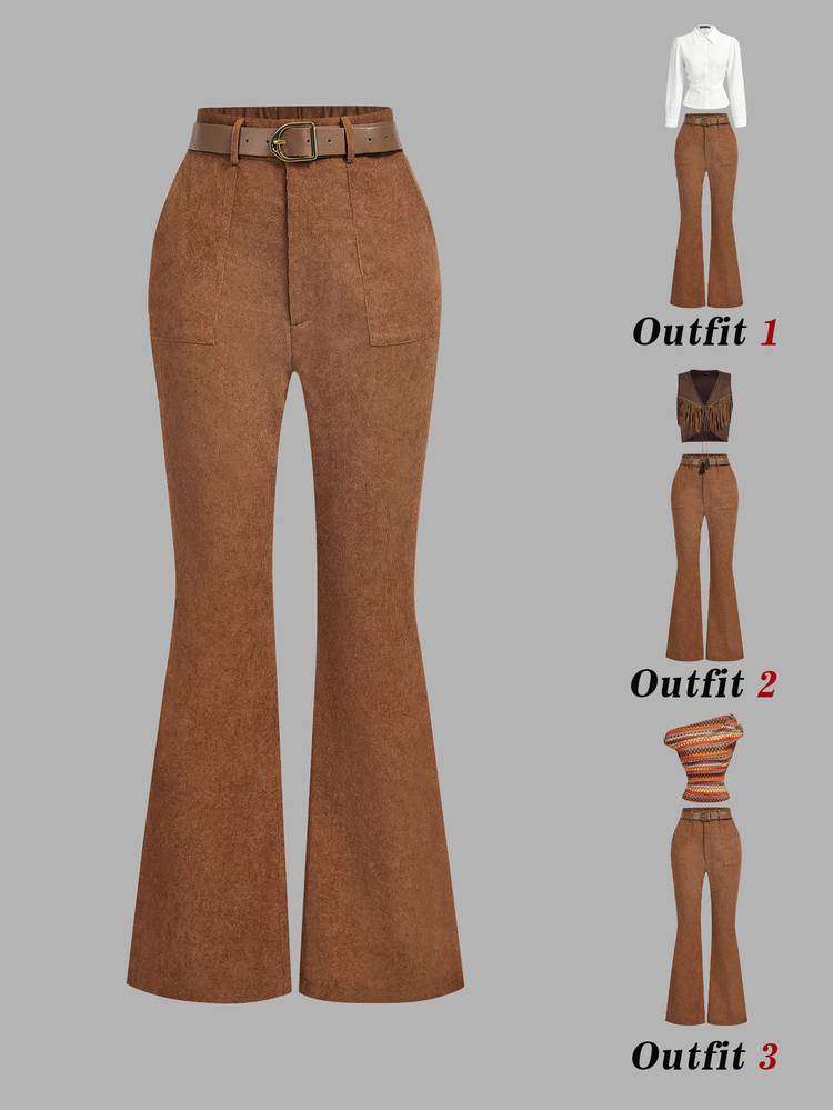 SHEIN MOD Women's Solid Color Casual 70's Inspired Western 1960s Vintage Versatile Daily Flare Leg Pants Work Holiday Beach Office Dark Brown Autumn Halloween - Mocha Brown - View 1