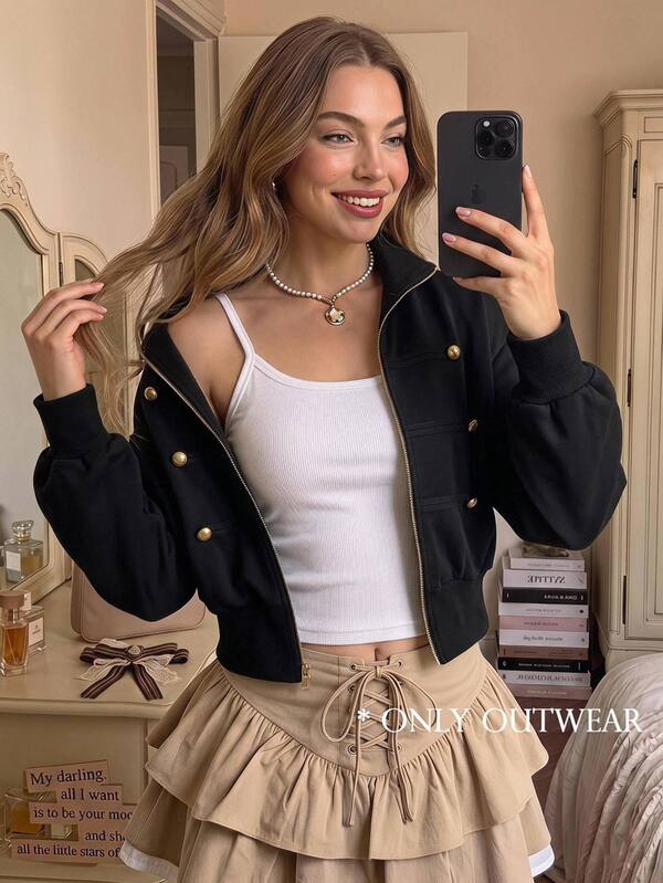 SHEIN MOD Women's Black And Gold High Neck Button Embellished Full Zip Long Sleeve Bomber Jacket Retro Napoleon Style Everyday School Autumn Elegant Going Out