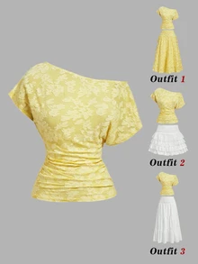 SHEIN MOD 時尚黃色不對稱領口女款上衣，花卉紋理與側邊抓褶設計，黃色蕾絲上衣，微露肩針織上衣 - 淡黃色 - 查看 3