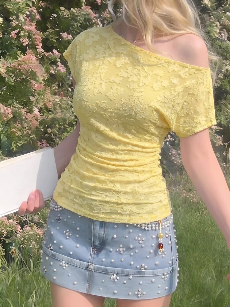 SHEIN MOD Chic Yellow Asymmetric Neckline Women's Top With Floral Texture And Gathered Side,Yellow Lace Top,Slightly Shoulder-Sleeved Knitted Top - Light Yellow - View 1