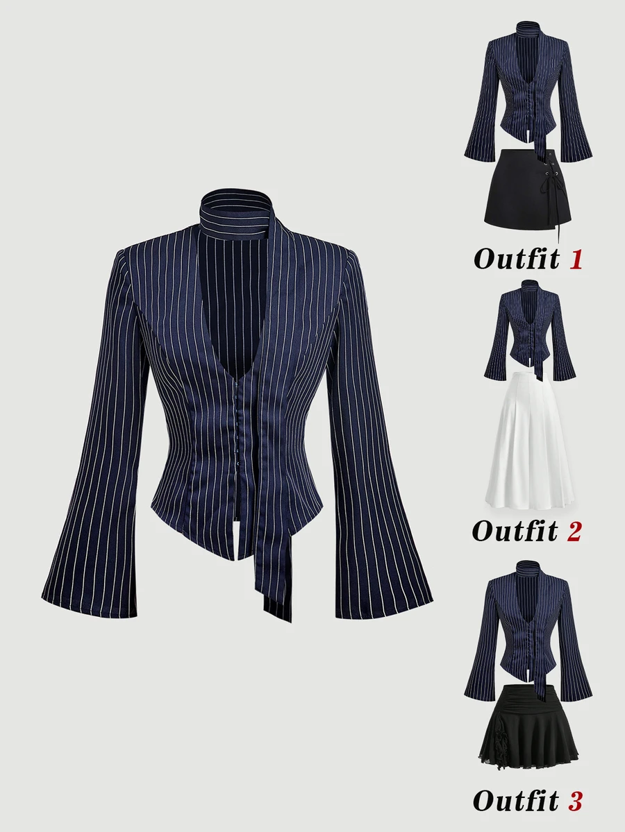 SHEIN MOD Business Professional Women Slim Fit Blouse Pin Stripes Deep ...