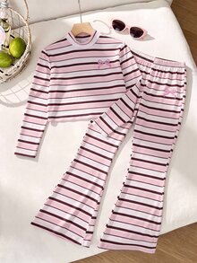 Girls Casual Fashion Pink Striped Slim Fit Mock Neck Long Sleeve T-Shirt With Flare Leg Pants, 2 Pieces Set For Daily Wear In Autumn/Winter - Pink - View 2