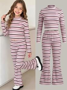 Girls Casual Fashion Pink Striped Slim Fit Mock Neck Long Sleeve T-Shirt With Flare Leg Pants, 2 Pieces Set For Daily Wear In Autumn/Winter - Pink - View 1